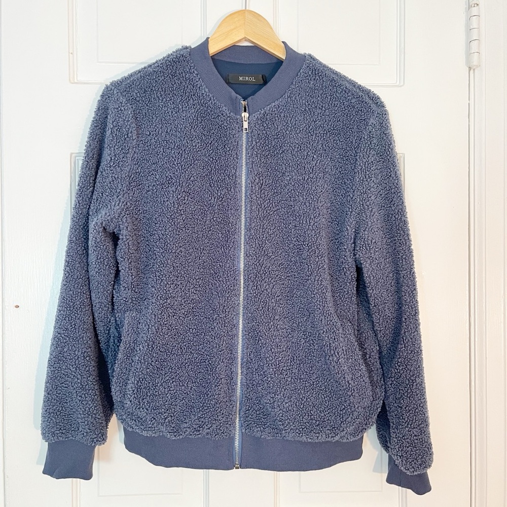 Mirol Navy Blue Sherpa Zip-Up Jacket Womens Small Cozy and Soft Bomber Jacket